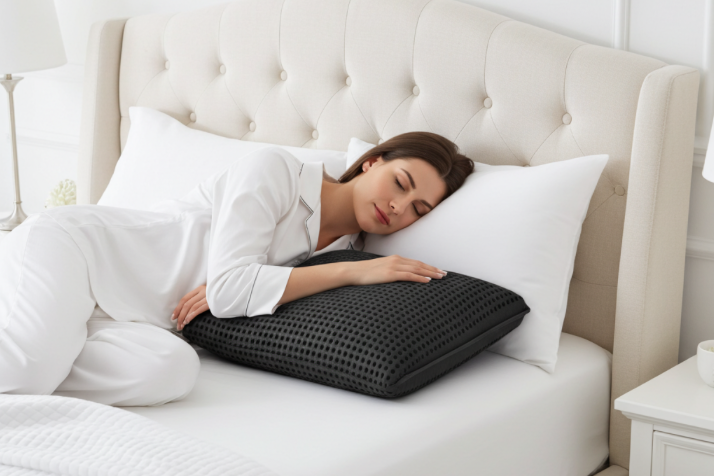 Woman lying on a bed with a black Charoal pillow, surrounded by white pillows and bedding. Queen size Bed / Mattress