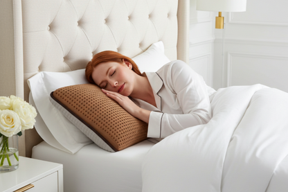 Woman lying on a bed with a Memory foam Copper color pillow, surrounded by white pillows and bedding. Queen size Bed / Mattress