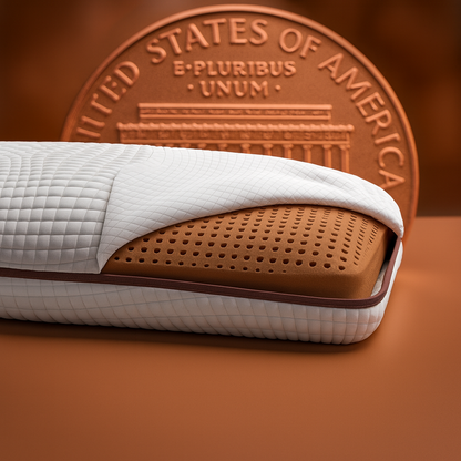 Memory foam copper-infused pillow with a U.S. penny in the background