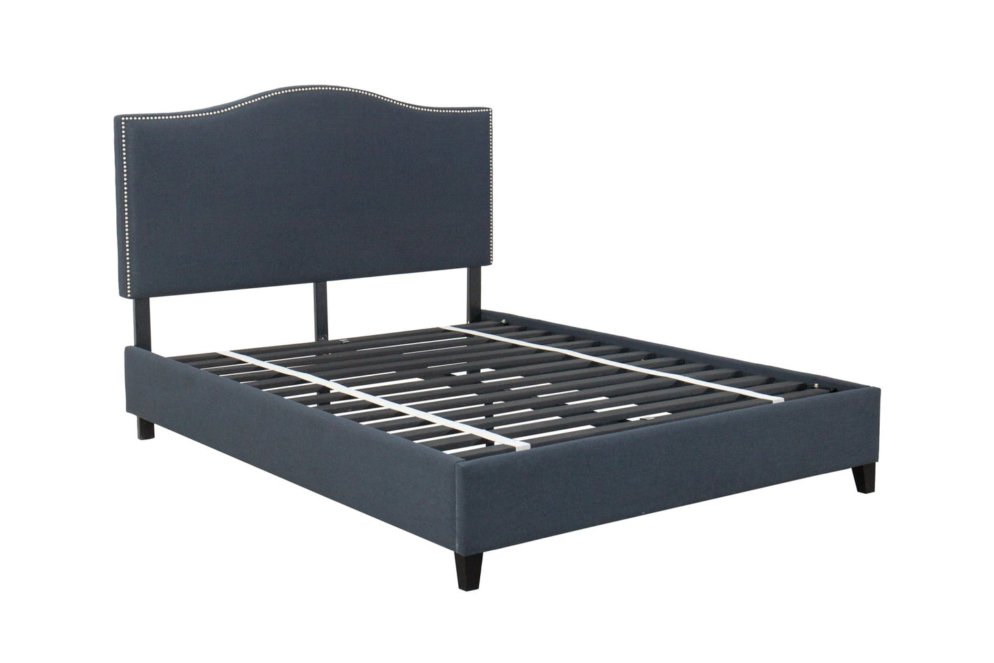 Mercer- navy Blue upholstered platform bed frame on a white background