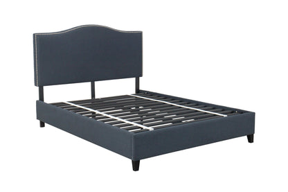 Mercer- navy Blue upholstered platform bed frame on a white background