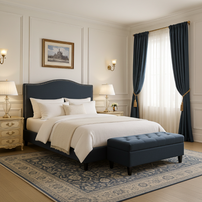 Navy Blue Upholstered bed with white  bedding, queen mattress, bedroom setting