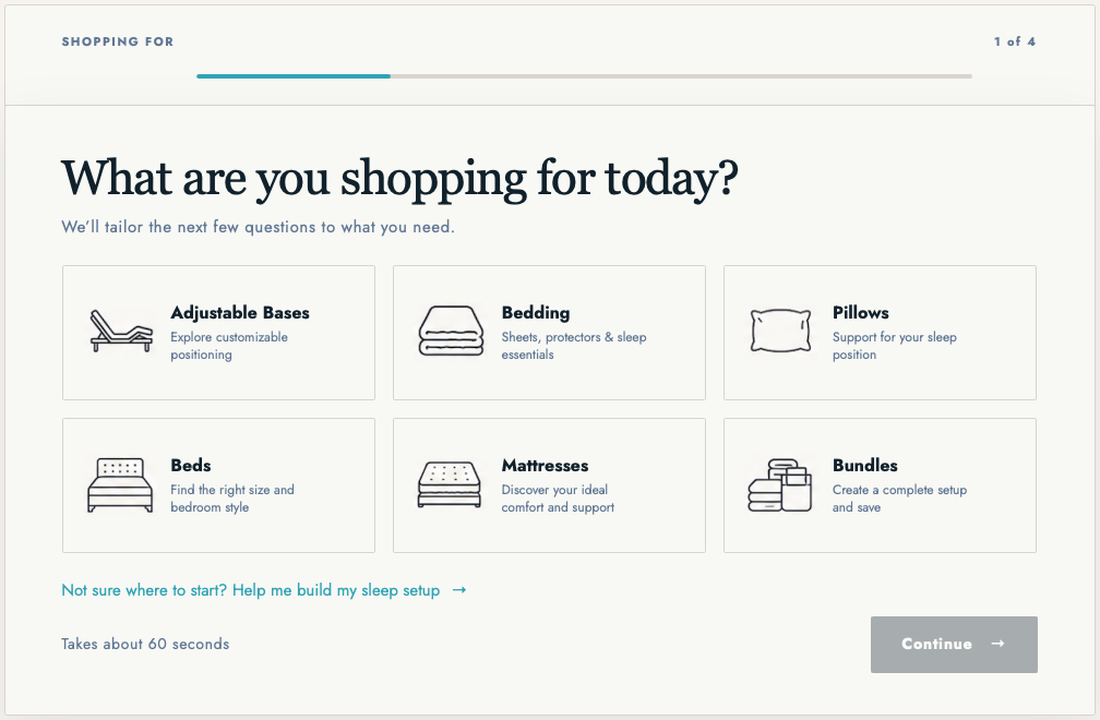 A digital screenshot of a bedding and sleep setup shopping questionnaire. The interface features a light gray background with a white card displaying various options such as Adjustable Bases, Bedding, Pillows, Beds, Mattresses, and Bundles, along with a 'Continue' button.