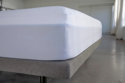 Mattress protector on a queen-size mattress on a bed frame with a neutral background