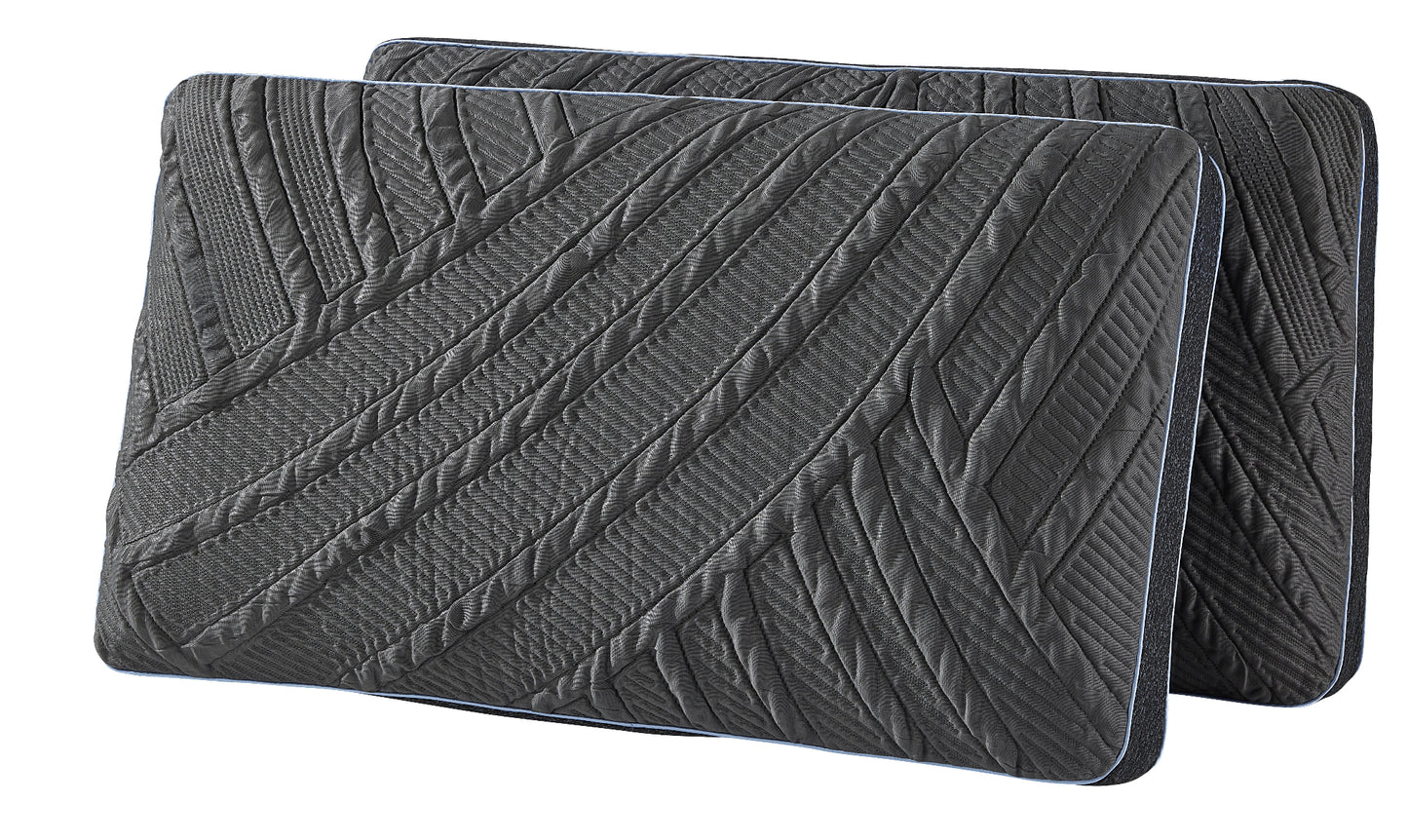 Two dark gray textured Power Cool pillows on a white background. Cool to the touch pillows