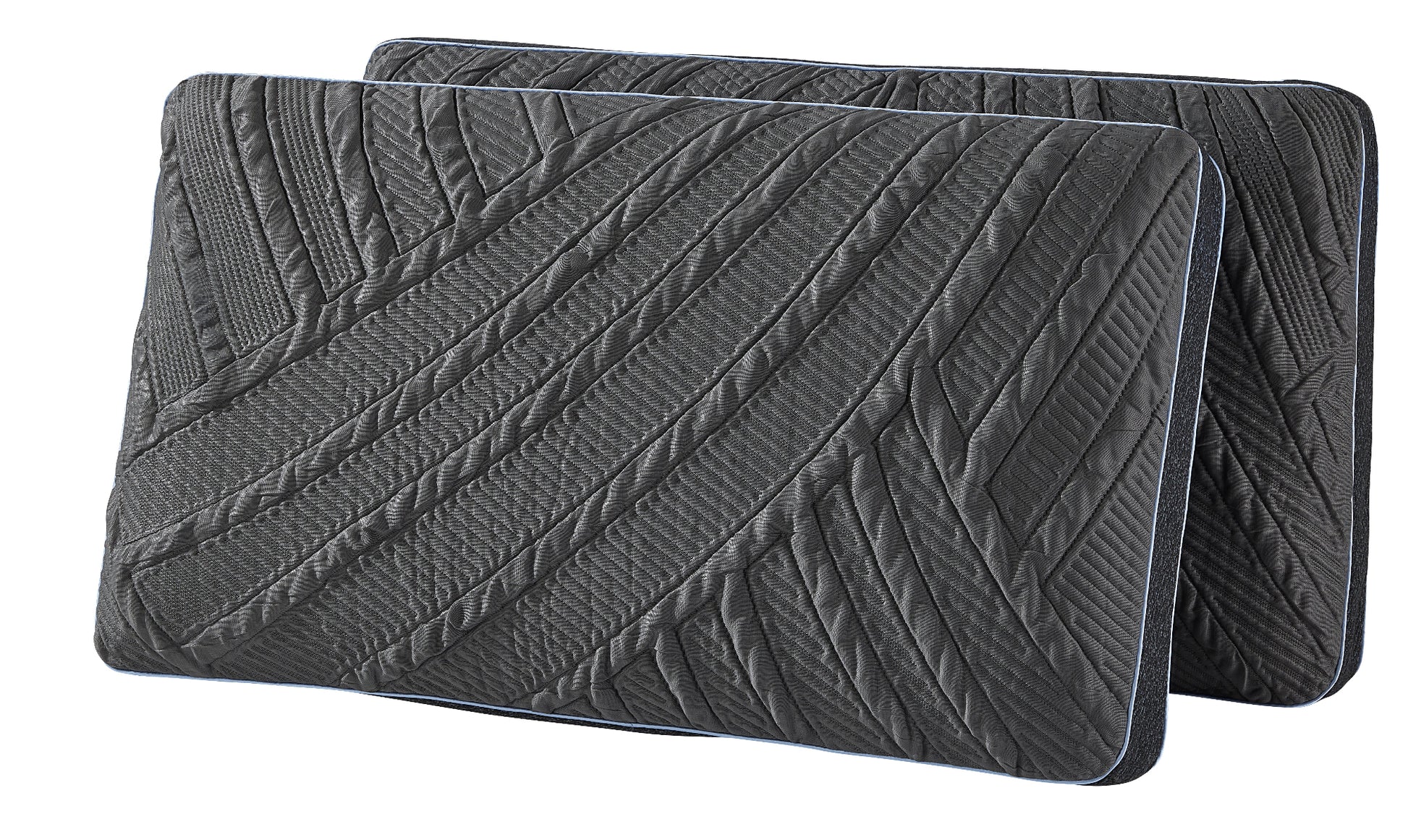Two dark gray textured Power Cool pillows on a white background. Cool to the touch pillows