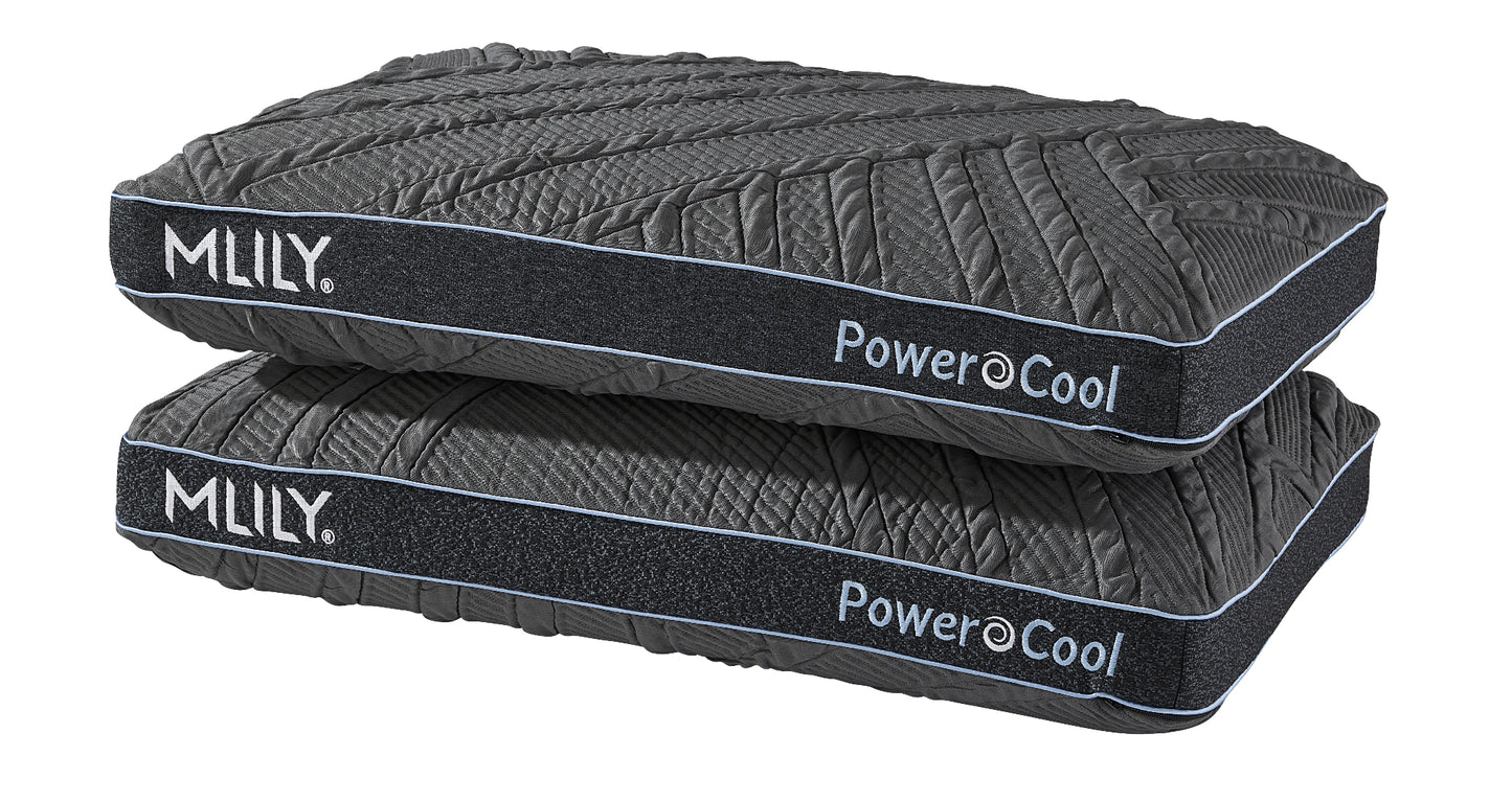 Two dark gray pillows with PowerCool branding on a white background