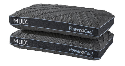 Two dark gray pillows with PowerCool branding on a white background