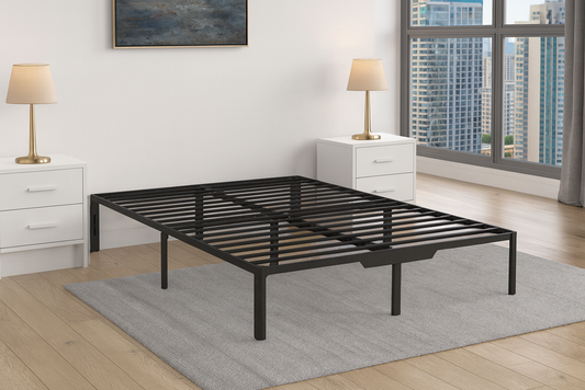 Queen size steel platform bed base with no bedding at all to show the steel slats and potential underbed storage of 12". Bedroom with a view of a downtown city. 
