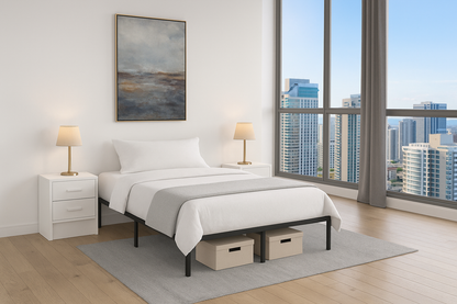 Queen size steel platform bed base with with white sheets, pillow and comforter in a bedroom with a view of a downtown city. No bedding skirt to show storage of 12" can fit under the platform bed.