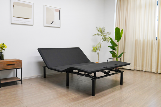 Black adjustable bed in a room with a wooden floor, white walls, and decorative plants. RIO_2.0_adjustable bed base in zero gravity position- queen size