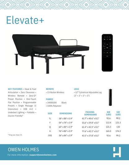 Rio_4.0_adjustable bed base- product sheet with dimensions