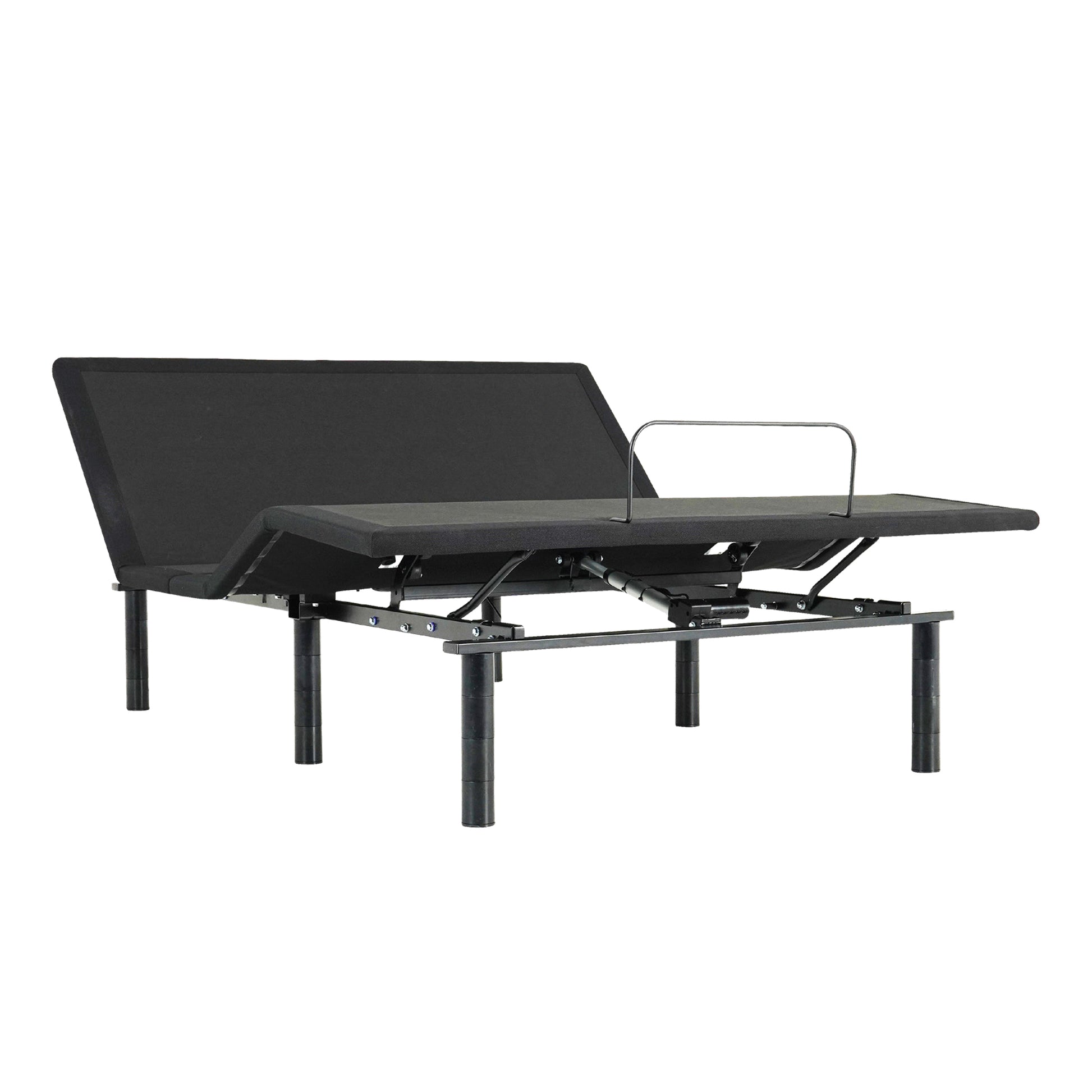 An adjustable black metal base of a modern bed frame with an elevated mattress support. Rio2.0 adjustable bed base- queen size in zero gravity position
