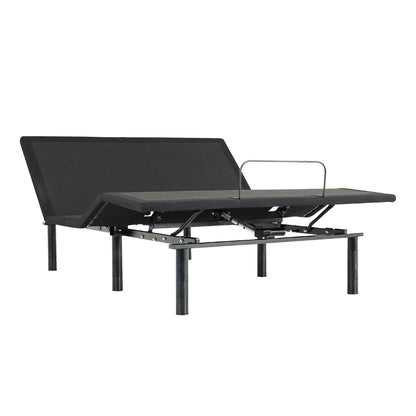 An adjustable black metal base of a modern bed frame with an elevated mattress support. Rio2.0 adjustable bed base- queen size in zero gravity position