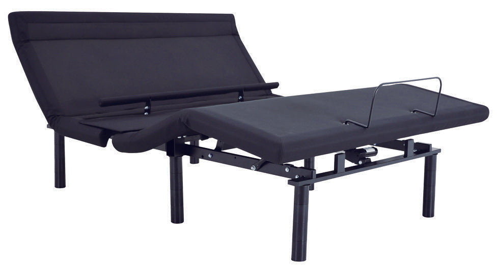 An adjustable black bed base with raised head and foot sections, shown without a mattress.