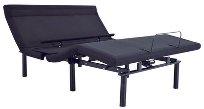 An adjustable black bed base with raised head and foot sections, shown without a mattress.