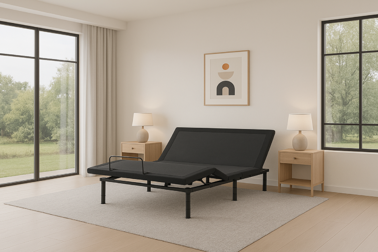 Black adjustable bed in a room with large windows and minimal decor. Rio 3.0 Elevate Adjustable Bed Base- Queen Size in zero gravity position