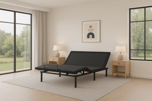 Black adjustable bed in a room with large windows and minimal decor. Rio 3.0 Elevate Adjustable Bed Base- Queen Size in zero gravity position
