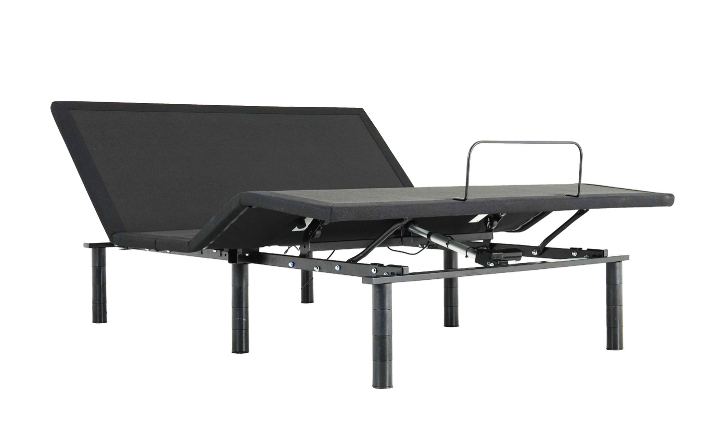 An adjustable black base of a power bed frame with the head and foot sections raised at an angle, showing the frame's underlying metal structure.