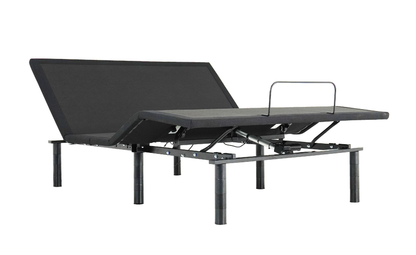 An adjustable black base of a power bed frame with the head and foot sections raised at an angle, showing the frame's underlying metal structure.