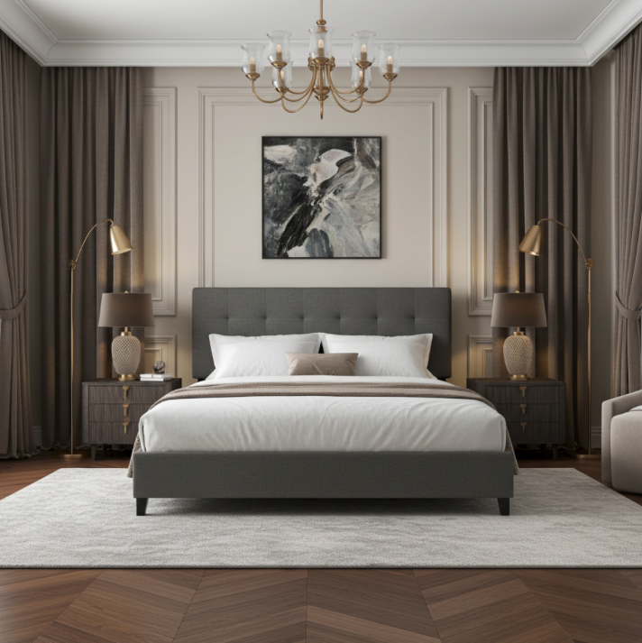 Tufted upholstered bed and headboard in a luxury bedroom space. King size bed / mattress