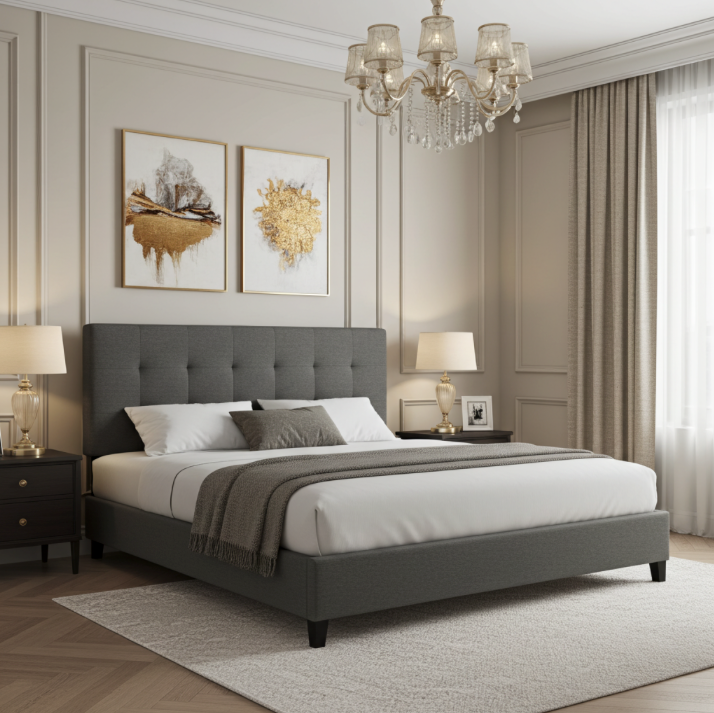 Tufted upholstered bed and headboard in a luxury bedroom space. King size bed / mattress