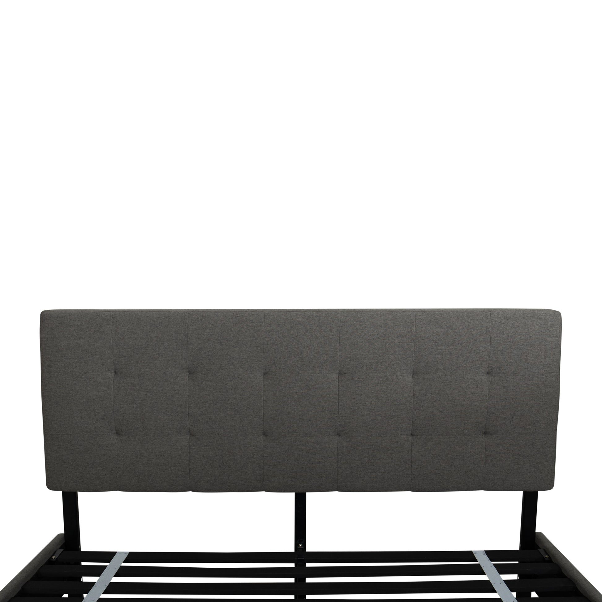 Gray tufted headboard on an upholstered bed frame called the Rowan against a white background
