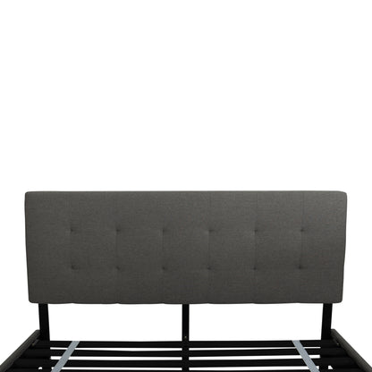 Gray tufted headboard on an upholstered bed frame called the Rowan against a white background