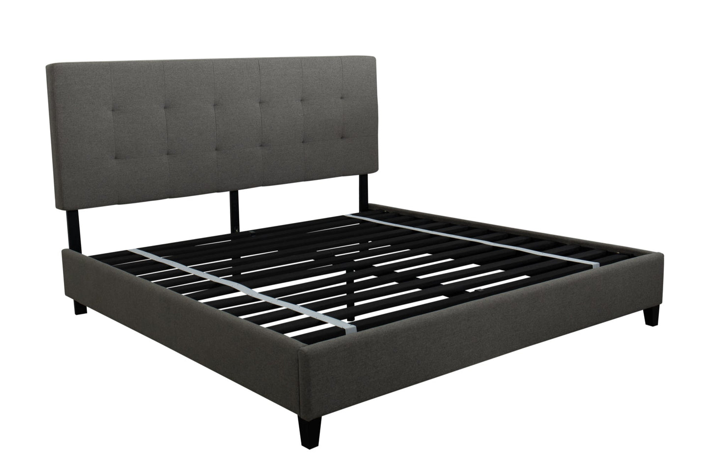 Dark gray upholstered bed frame with tufted headboard, on a white background