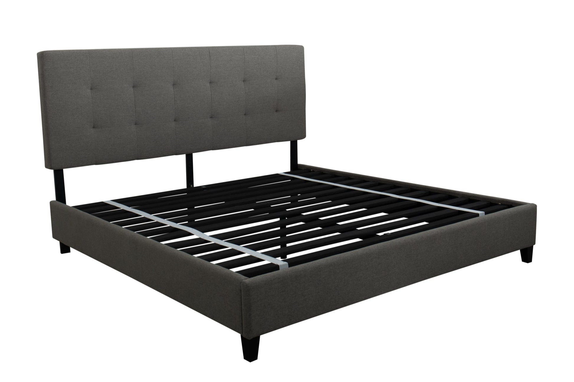 Dark gray upholstered bed frame with tufted headboard, on a white background