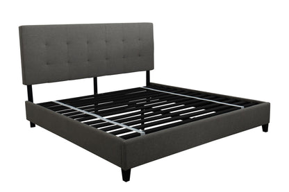 Dark gray upholstered bed frame with tufted headboard, on a white background