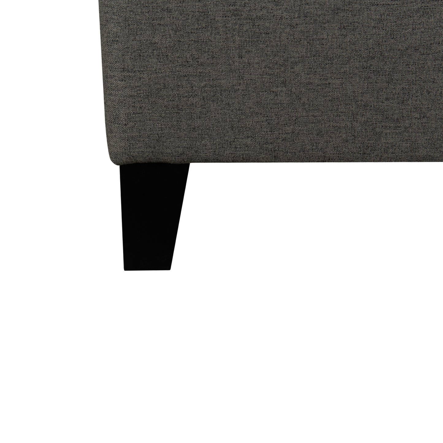 Gray upholstered corner of the Rowan platform bed- black legs on a white background