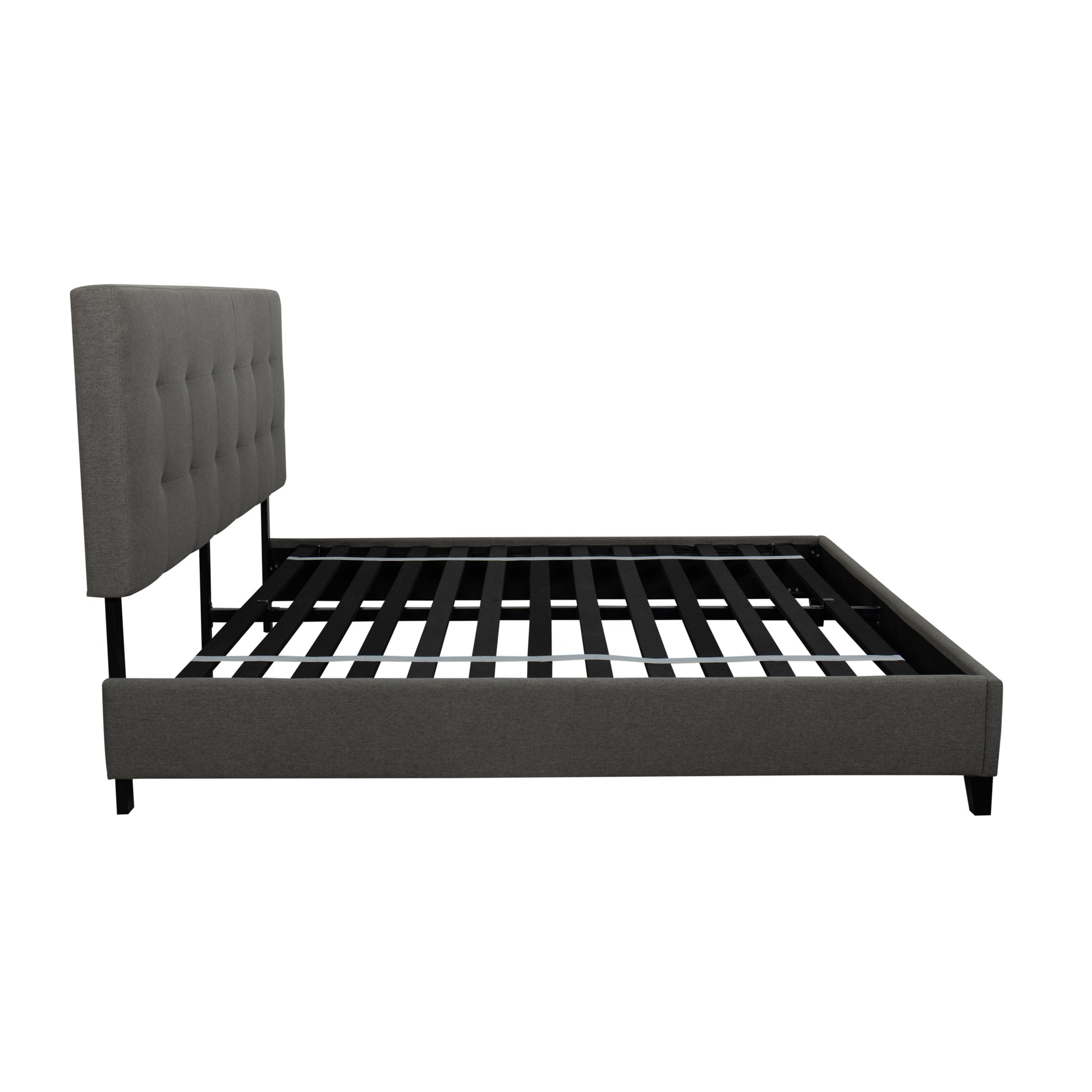 Rowan upholstered platform bed with tufted headboard- side view- wooden slats exposed