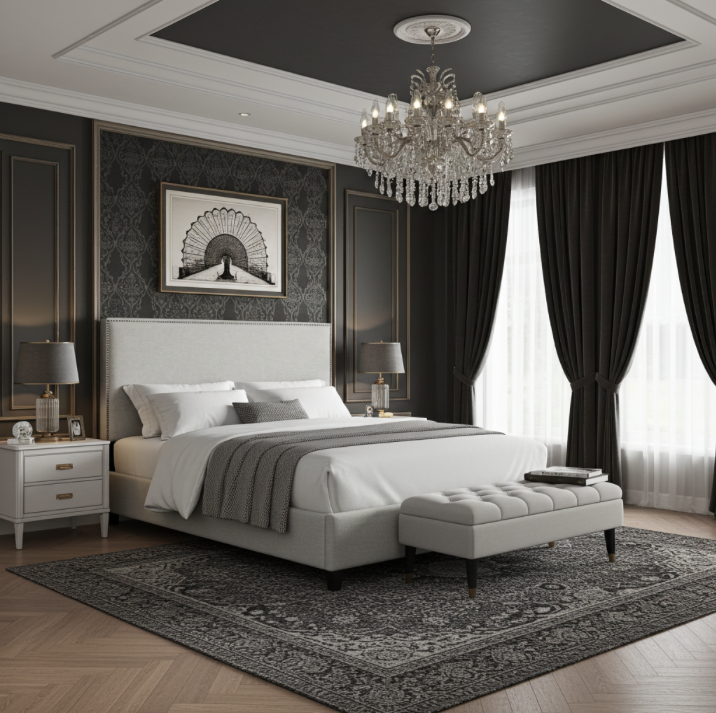 Upholstered bed and headboard with nailheads in a luxury bedroom space. King size bed / mattress
