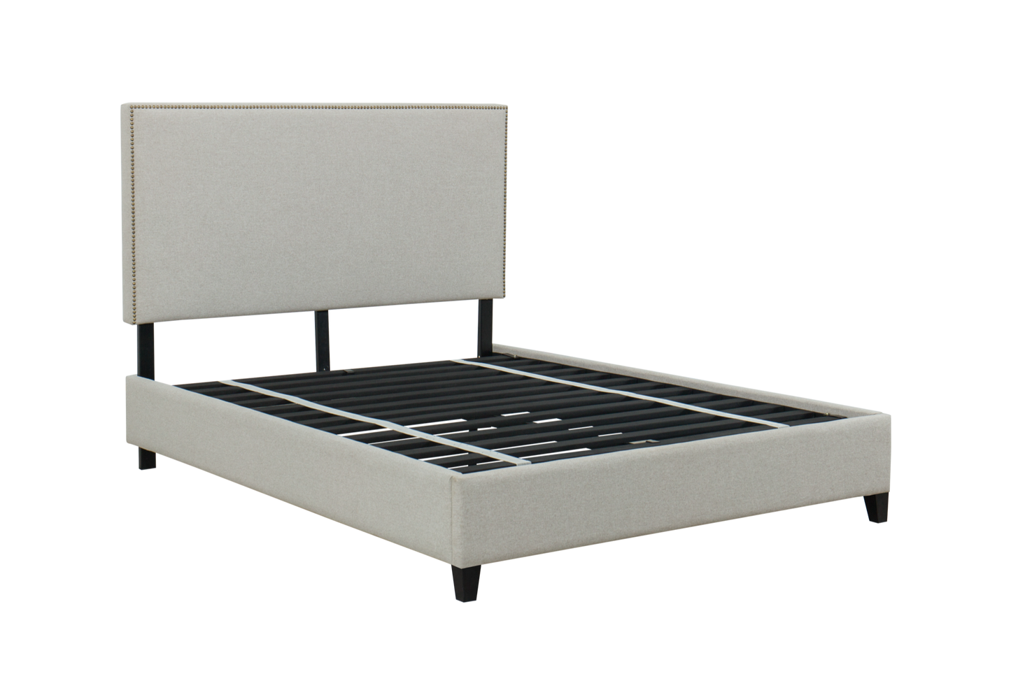 Gray upholstered bed frame on a white background