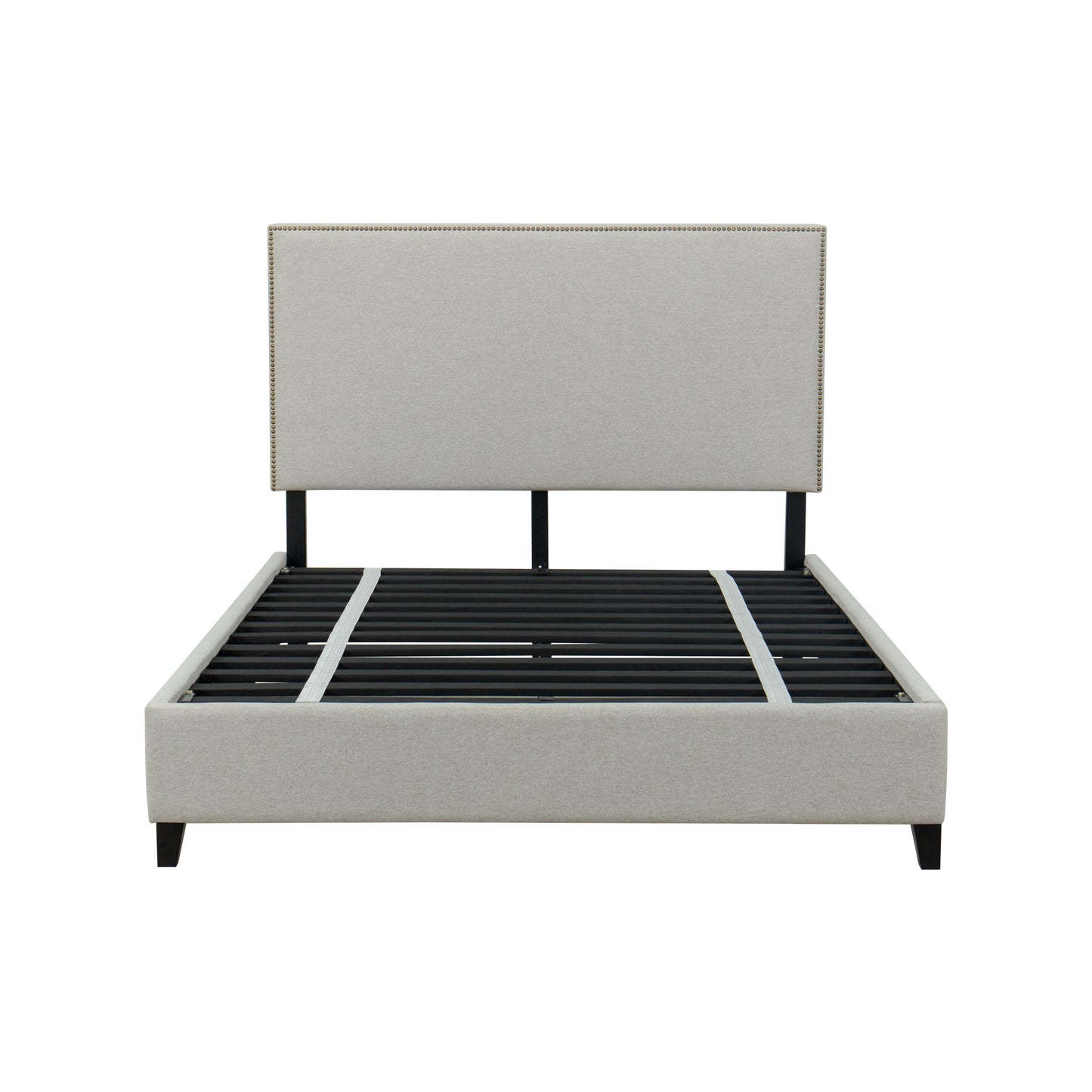 Upholstered bed frame with black wooden slats on a white background