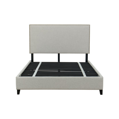 Upholstered bed frame with black wooden slats on a white background