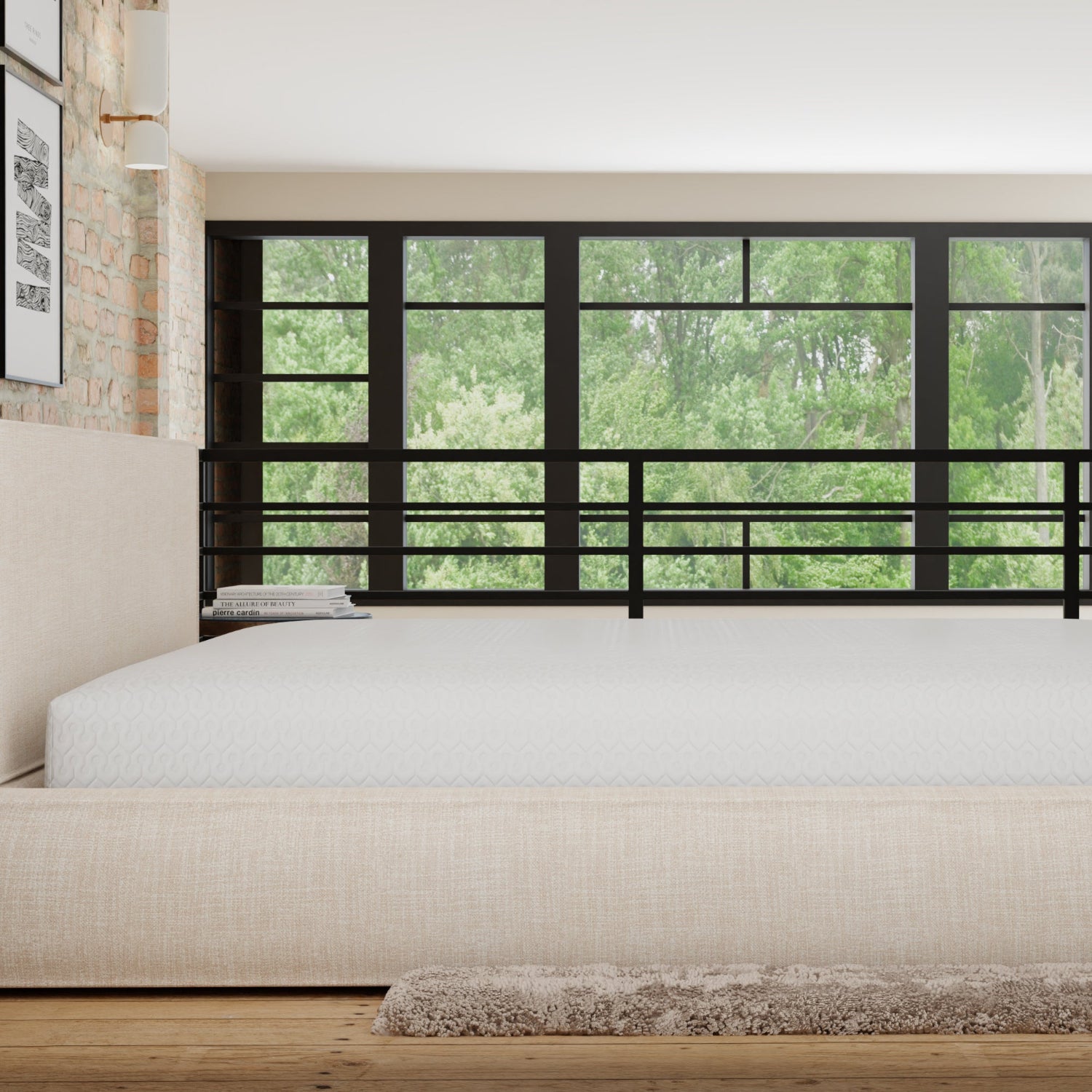 Modern bedroom with a large window view of greenery. Mattress covered with Snow Mattress protector- queen size
