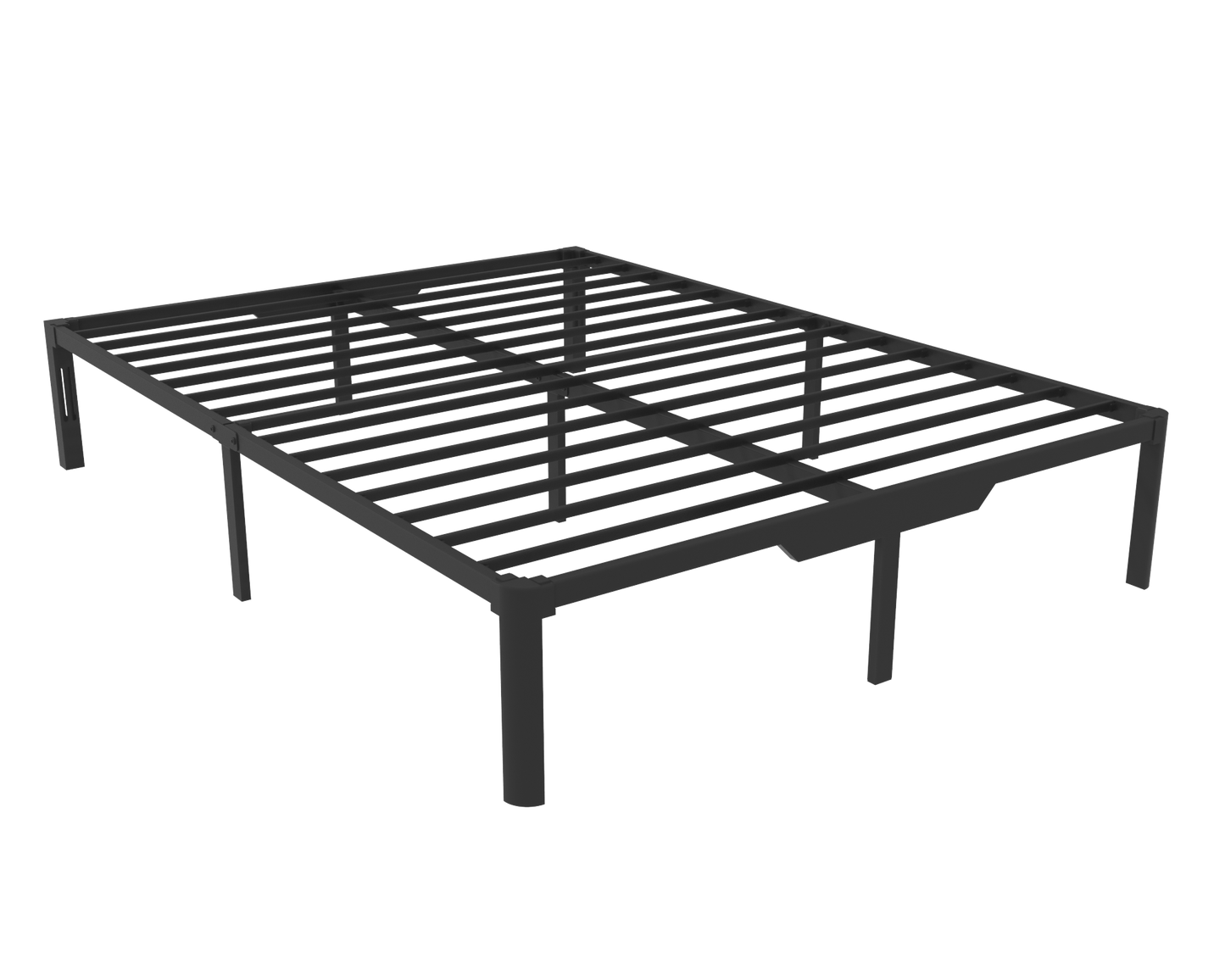 Black metal bed frame on a white background. 12 inch underbed storage and headboard slots to attach various headboards (not included)