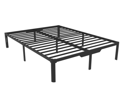 Black metal bed frame on a white background. 12 inch underbed storage and headboard slots to attach various headboards (not included)