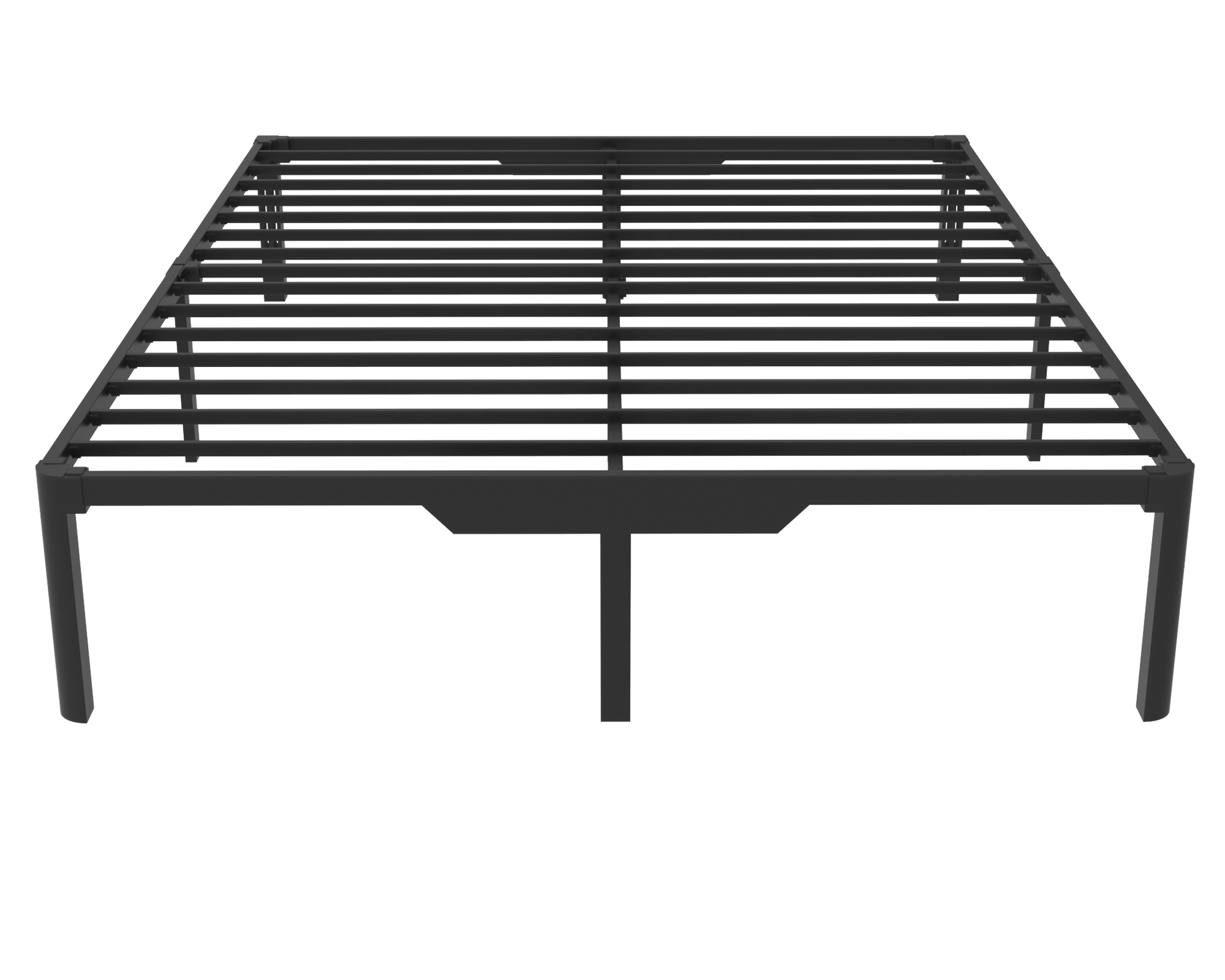 Black metal bed frame on a white background. 12 inch underbed storage and headboard slots to attach various headboards (not included). Queen size