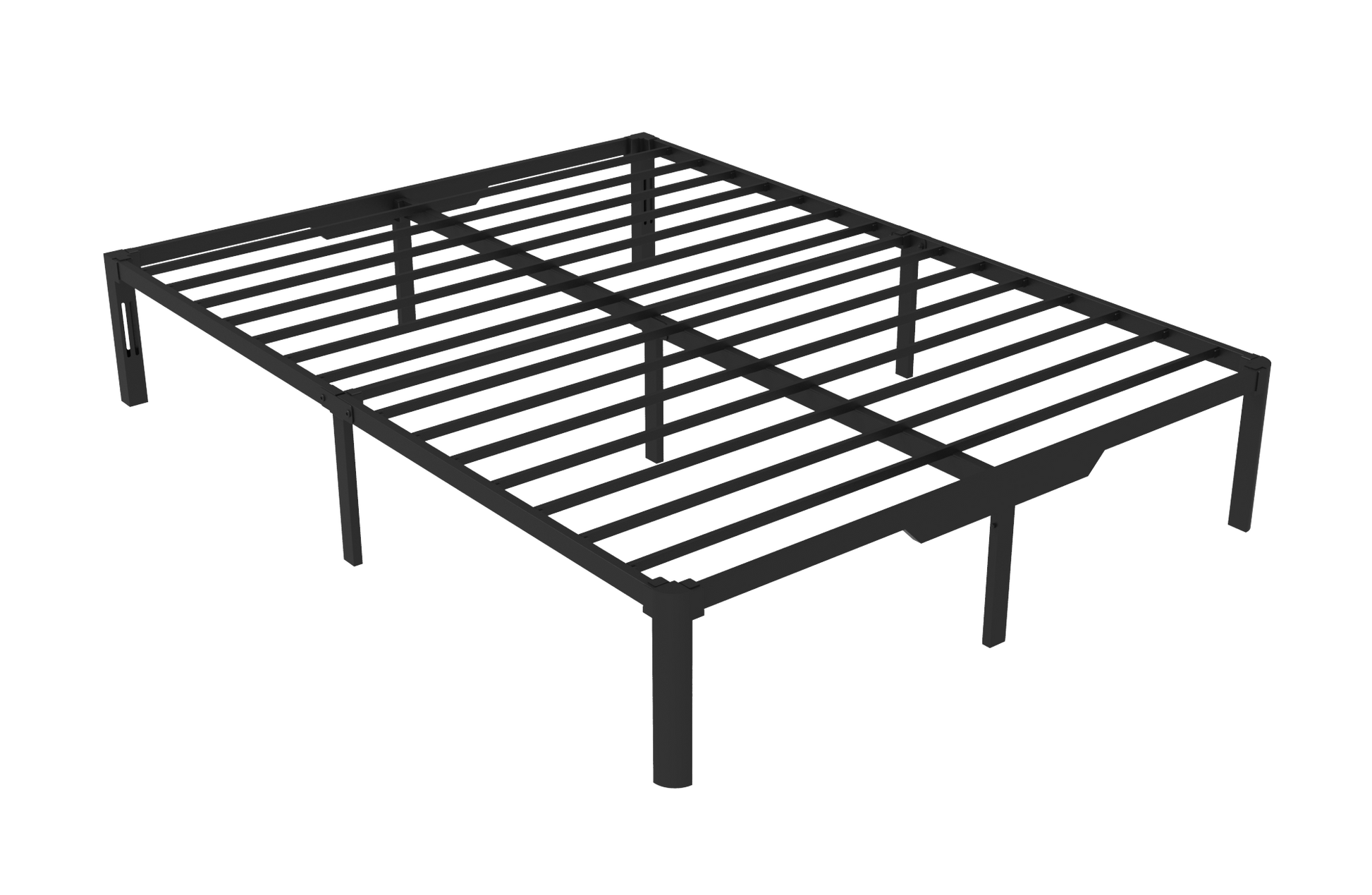 Black metal bed frame on a white background. 12 inch underbed storage and headboard slots to attach various headboards (not included). Queen size