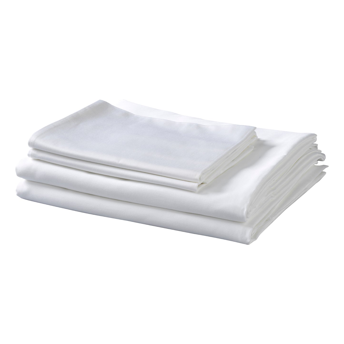 Set of white folded bed sheets on a white background. 1 Flat sheet, 1 fitted sheet, and 2 pillow cases (for Queen/King/Cal-king)