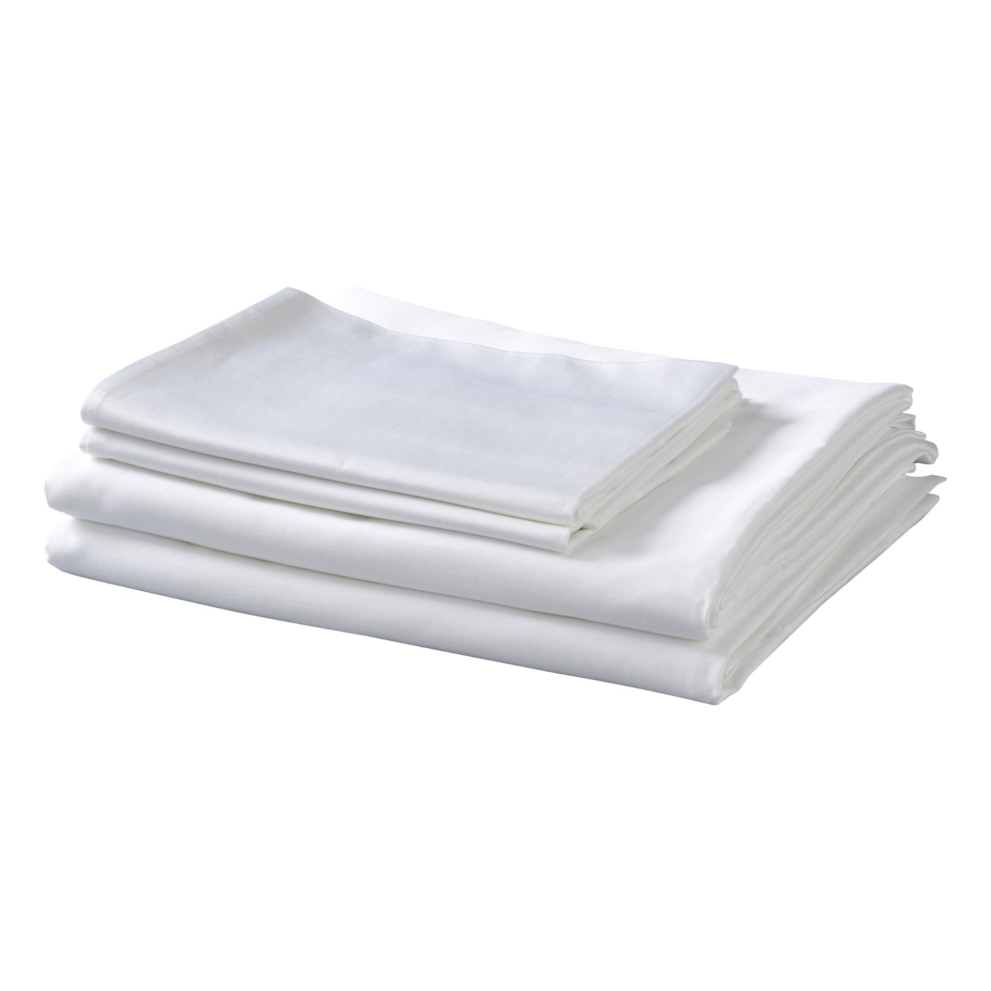 Set of white folded bed sheets on a white background. 1 Flat sheet, 1 fitted sheet, and 2 pillow cases (for Queen/King/Cal-king)