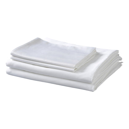 Set of white folded bed sheets on a white background. 1 Flat sheet, 1 fitted sheet, and 2 pillow cases (for Queen/King/Cal-king)