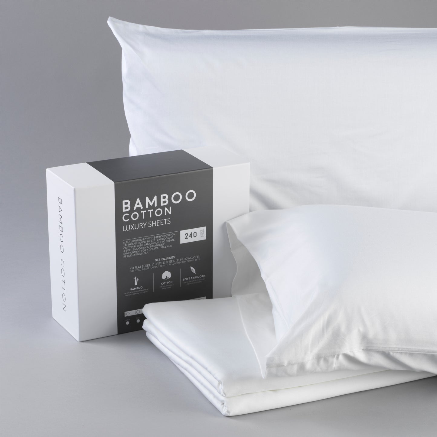 Bamboo cotton luxury sheets with packaging on a gray background