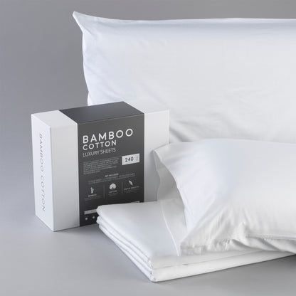 Bamboo cotton luxury sheets with packaging on a gray background