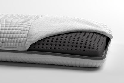 White pillow with a dark gray zipper. Bamboo Charcoal infused Pillow. Pillow cover pulled back to show the memory gel foam pillow core underneath