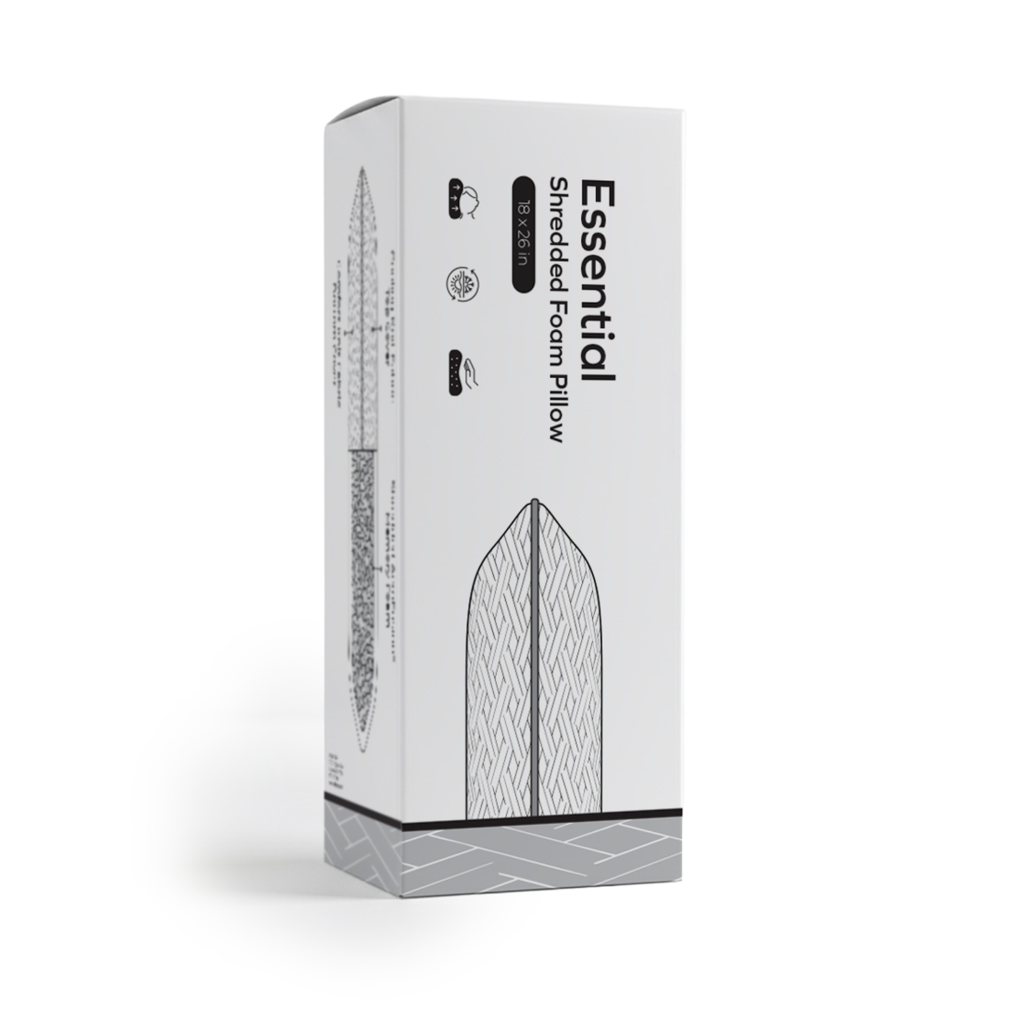 Essential Shredded Foam Pillow retail packaging with cooling knit fabric and shredded memory foam support pillow design by Owen Holmes