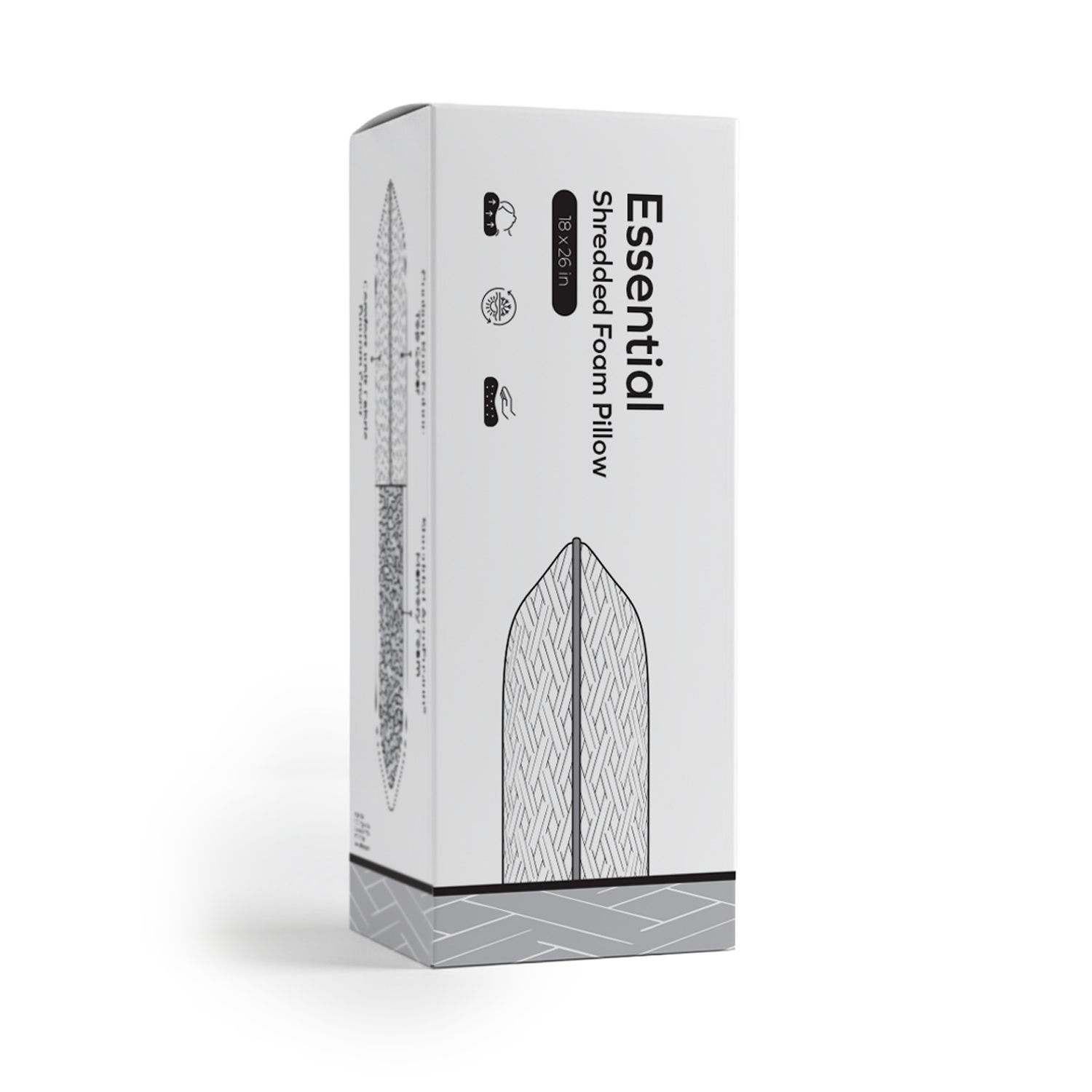Essential Shredded Foam Pillow retail packaging with cooling knit fabric and shredded memory foam support pillow design by Owen Holmes